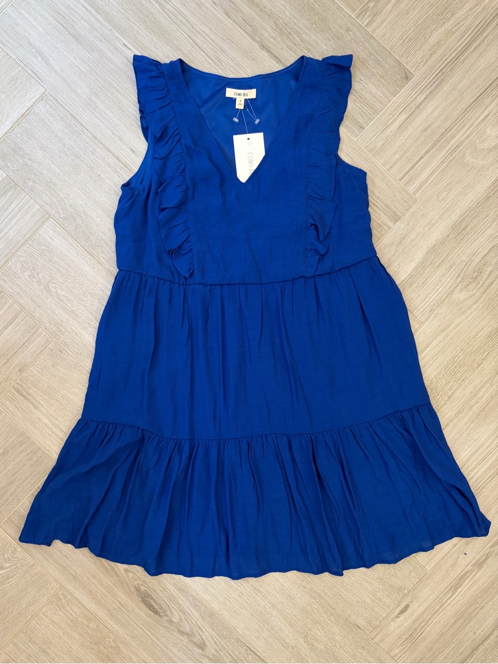 Como Blu Ruffle Tiered Dress Royal Blue Small New